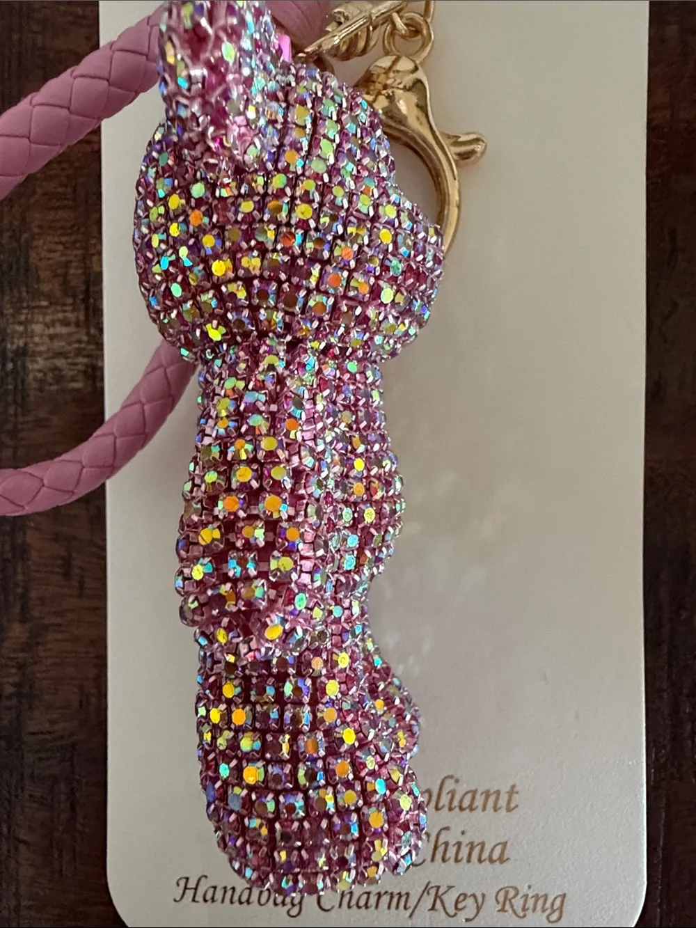 Natasha Couture Pink Crystal Teddy Bear Keyring with Braided Wristlet